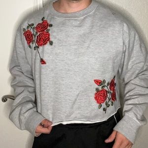 American Vintage Womens Medium Gray Long Sleeve - Cropped - Rose Embroidery